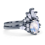 Art Deco Oval Natural Moonstone Engagement Ring Bridal Set