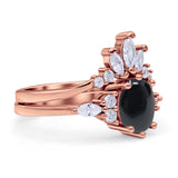 Art Deco Oval Natural Black Onyx Engagement Ring Bridal Set