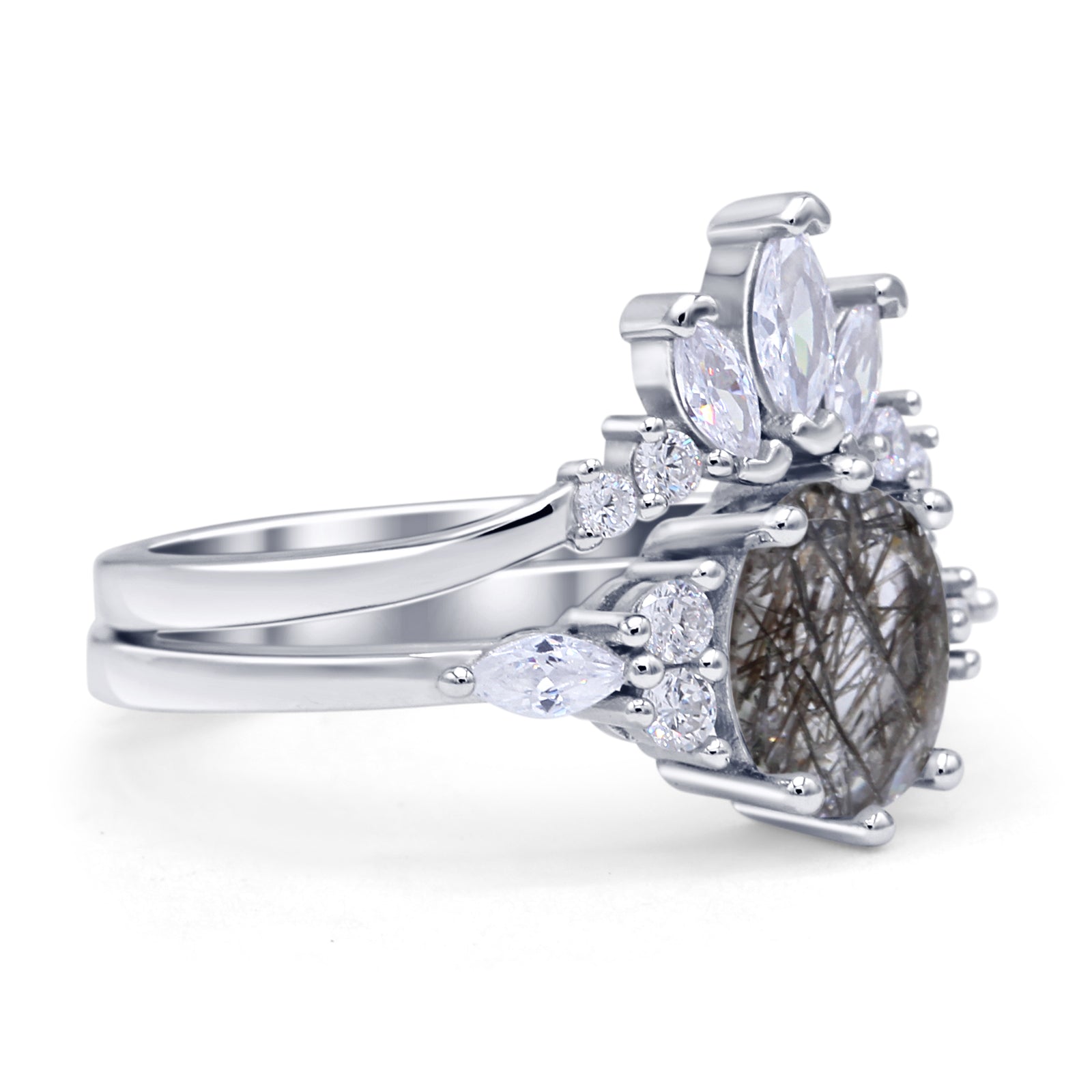 Art Deco Oval Natural Rutilated Quartz Engagement Ring Bridal Set