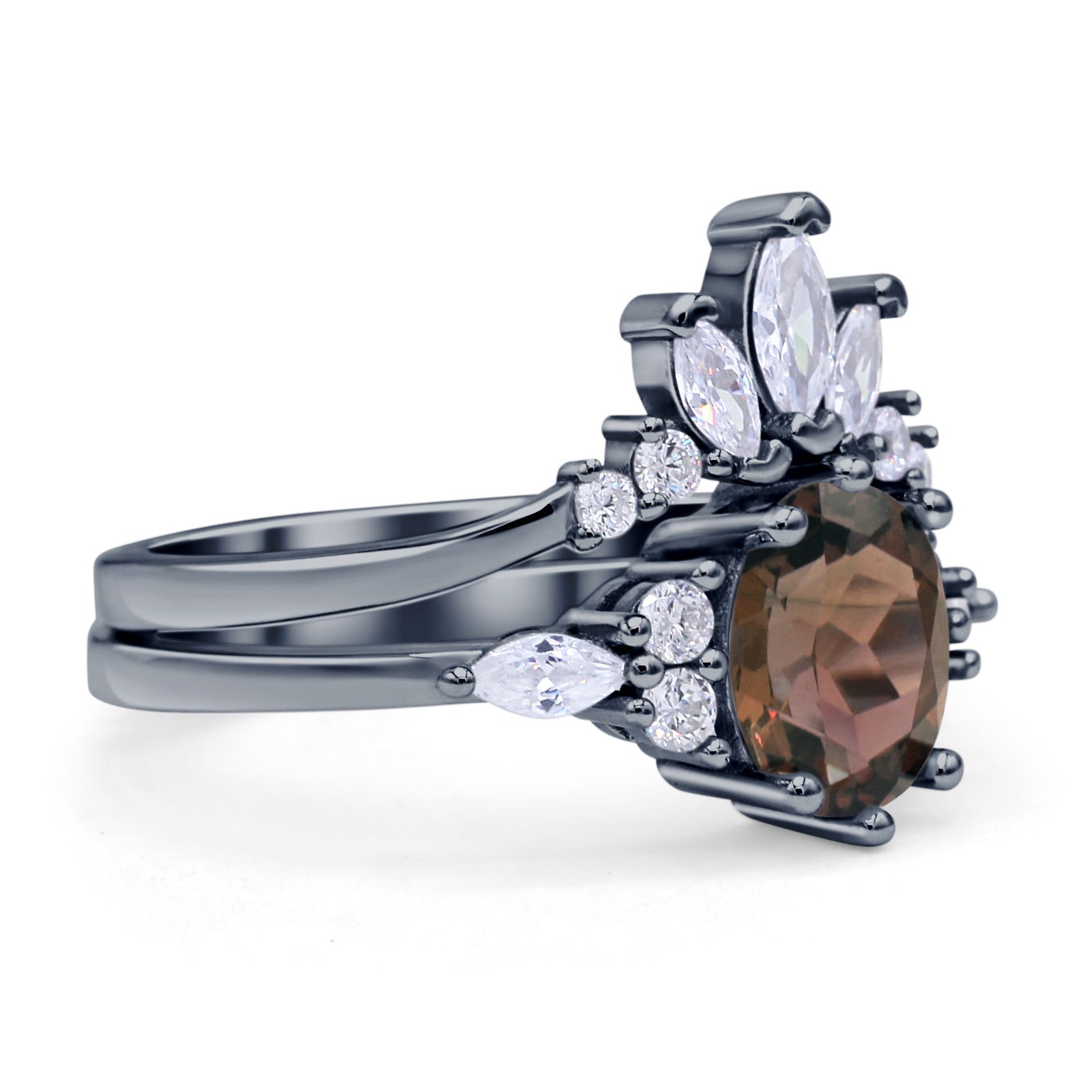 Art Deco Oval Natural Smoky Quartz Engagement Ring Bridal Set