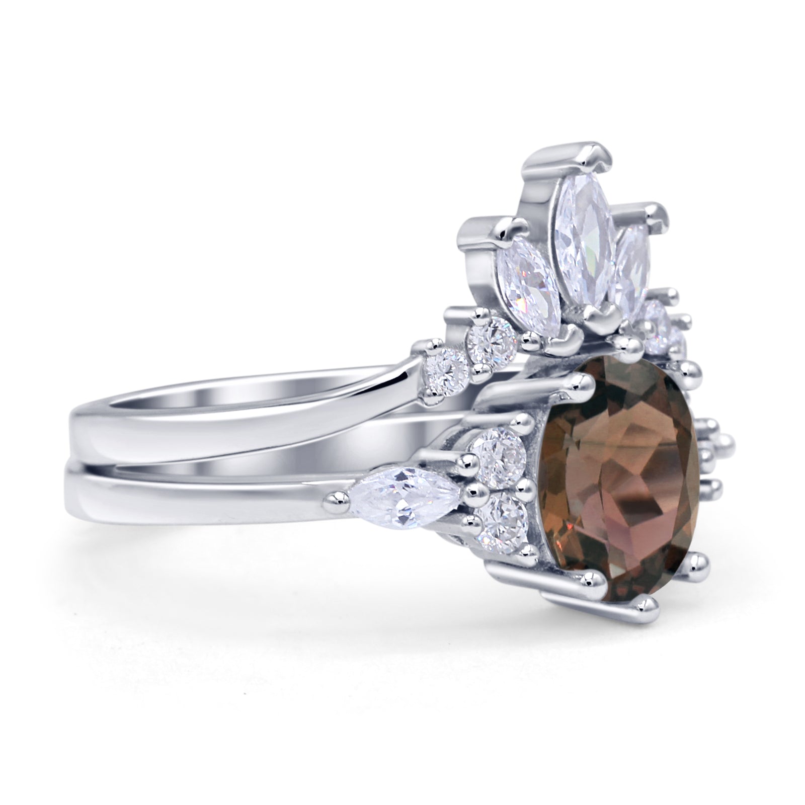 Art Deco Oval Natural Smoky Quartz Engagement Ring Bridal Set