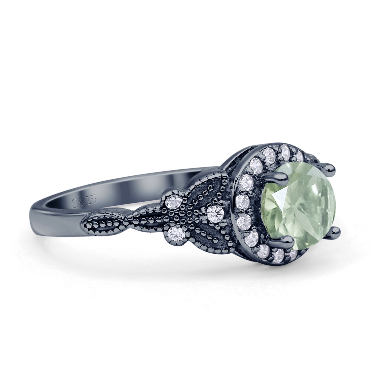 Halo Vintage Style CZ Round Natural Green Amethyst Engagement Ring