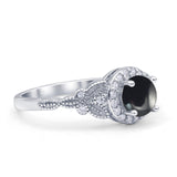 Halo Vintage Style CZ Round Natural Black Onyx Engagement Ring