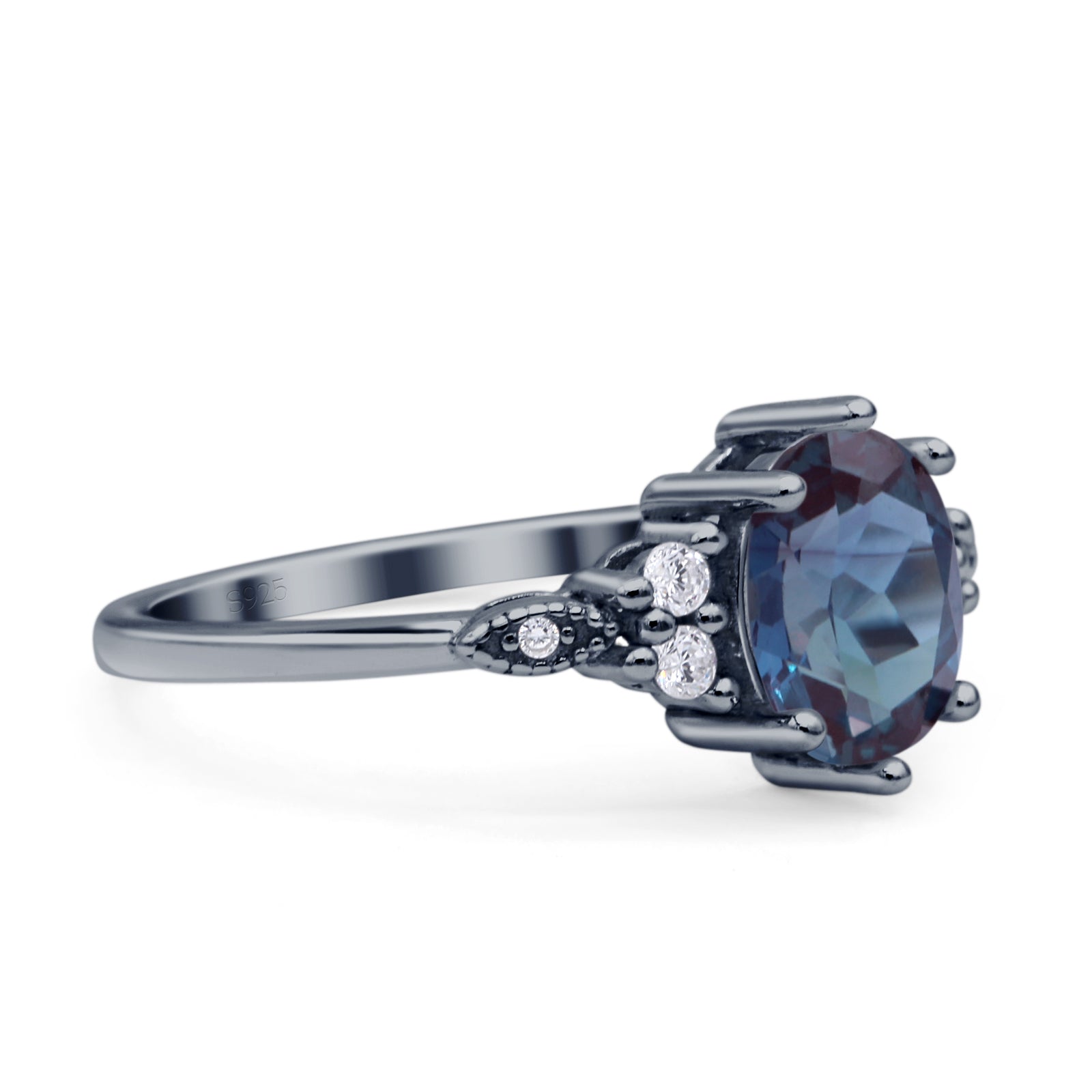 Antique Style Oval Lab Alexandrite Art Deco Engagement Ring
