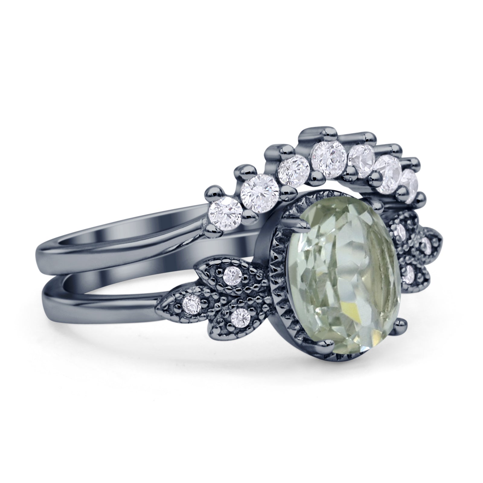 Vintage Oval Natural Green Amethyst Art Deco Bridal Set Engagement Ring
