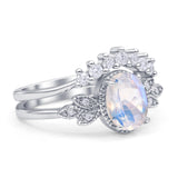 Vintage Oval Natural Moonstone Art Deco Bridal Set Engagement Ring