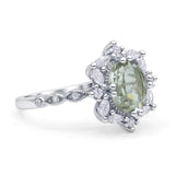 Art Deco Oval Natural Green Amethyst Halo Ballerina Style Engagement Ring