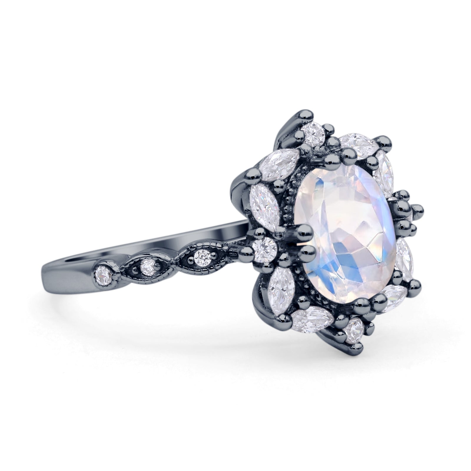 Art Deco Oval Natural Moonstone Halo Ballerina Style Engagement Ring