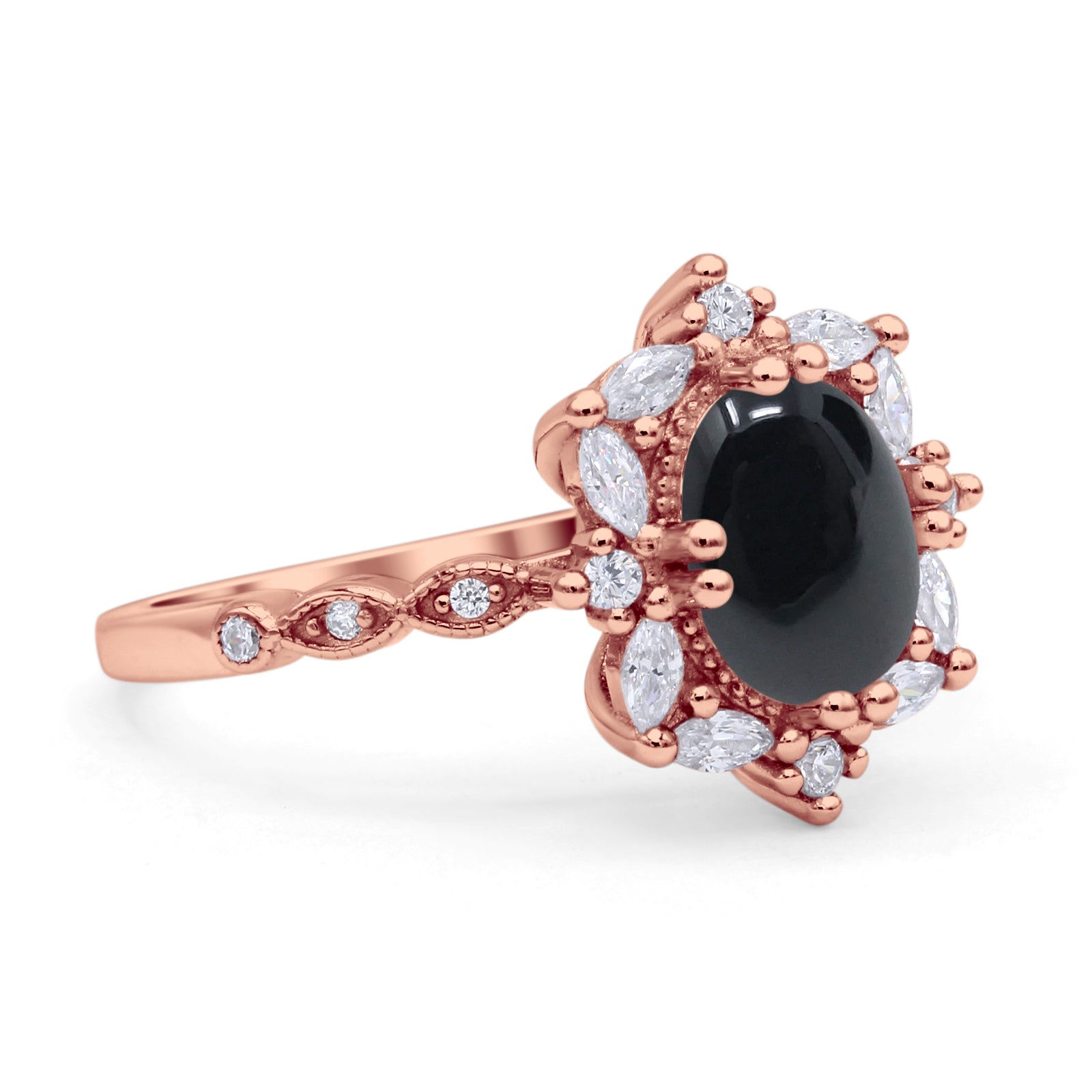 Art Deco Oval Natural Black Onyx Halo Ballerina Style Engagement Ring