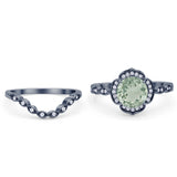 Vintage Style Round Natural Green Amethyst Floral Bridal Set Engagement Ring