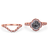 Vintage Style Round Natural Rutilated Quartz Floral Bridal Set Engagement Ring