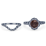 Vintage Style Round Natural Smoky Quartz Floral Bridal Set Engagement Ring