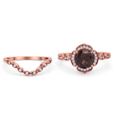 Vintage Style Round Natural Smoky Quartz Floral Bridal Set Engagement Ring