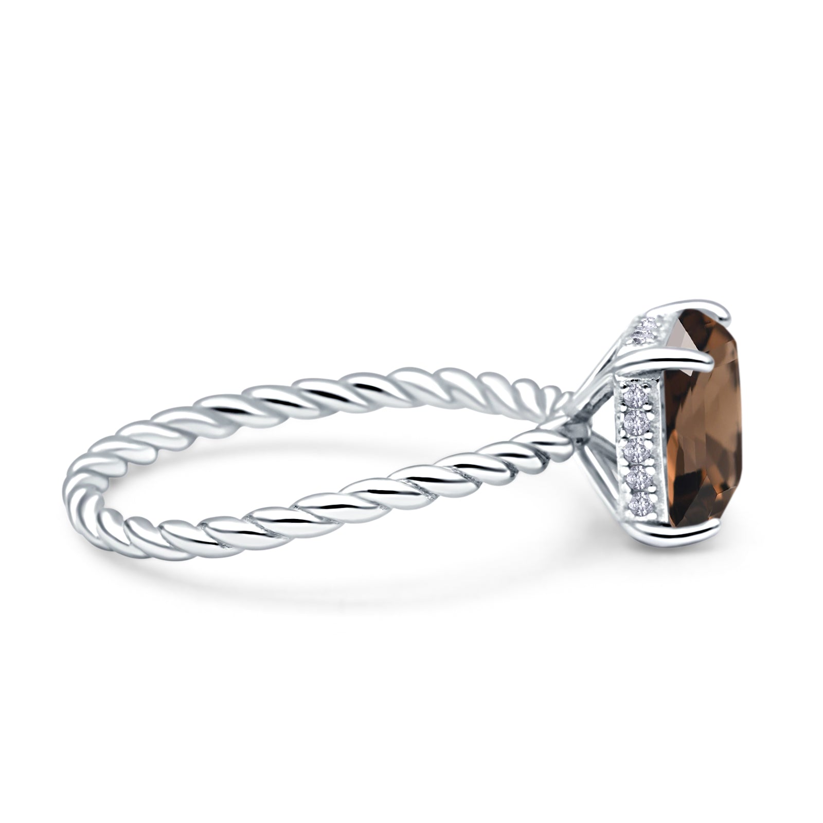 Hidden Halo Twisted Rope Emerald Cut Natural Chocolate Brown Smoky Quartz Engagement Ring