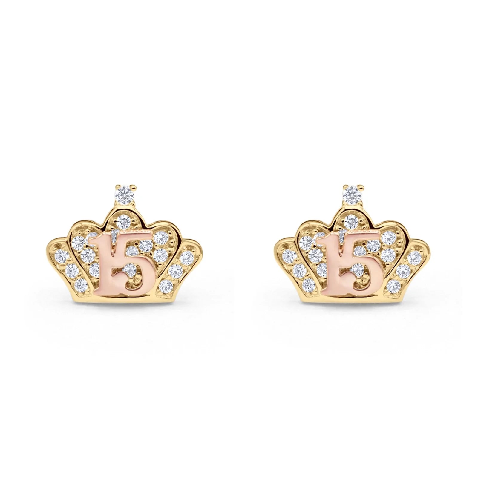 14K Two Tone Gold Solid Micropave Crown Post Tiny Studs Earring Best 15th Birthday Or Anniversary Gift