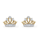 14K Gold Two Tone Micropave Crown Post Tiny Studs Earring for Women and Girls 10mm