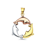 14K Tri Color Gold Dolphin Pendant 24mmX24mm With 16 Inch To 24 Inch 0.8MM Width Square Wheat Chain Necklace