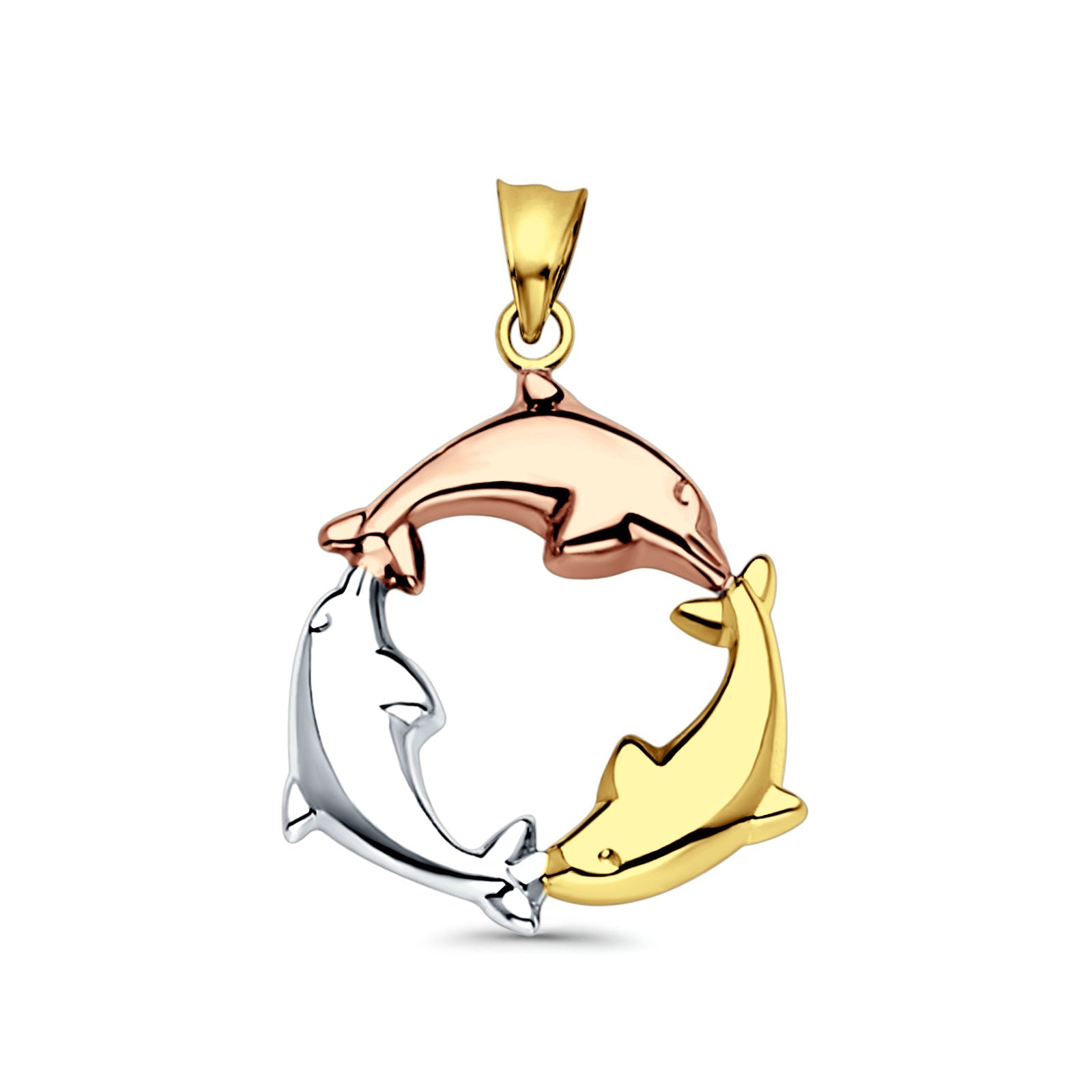 14K Tri Color Gold Dolphin Pendant 24mmX24mm With 16 Inch To 24 Inch 1.1MM Width Wheat Chain Necklace