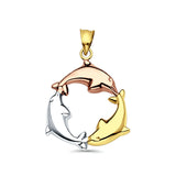 14K Tri Color Gold Dolphin Pendant 24mmX24mm With 16 Inch To 24 Inch 0.8MM Width Box Chain Necklace