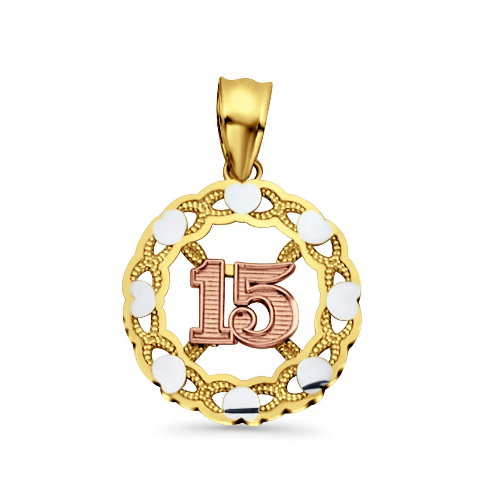 14K Tri Color Gold 15 Years Pendant 23mmX15mm With 16 Inch To 24 Inch 1.1MM Width Wheat Chain Necklace
