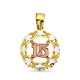 14K Tri Color Gold 15 Years Pendant 23mmX15mm With 16 Inch To 24 Inch 0.8MM Width Box Chain Necklace