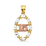 14K Tri Color Gold 15 Years Pendant 26mmX14mm With 16 Inch To 24 Inch 0.8MM Width Box Chain Necklace