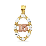 14K Tri Color Gold 15 Years Pendant 26mmX14mm With 16 Inch To 24 Inch 0.6MM Width Box Chain Necklace
