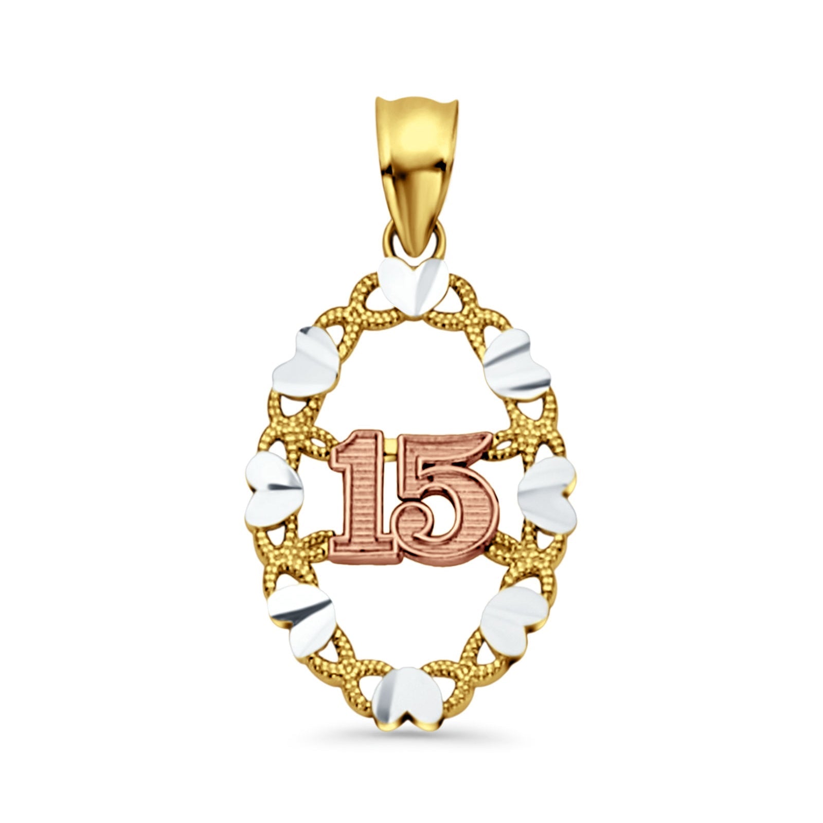 14K Tri Color Gold 15 Years Pendant 26mmX14mm With 16 Inch To 22 Inch 1.2MM Width Flat Open Wheat Chain Necklace