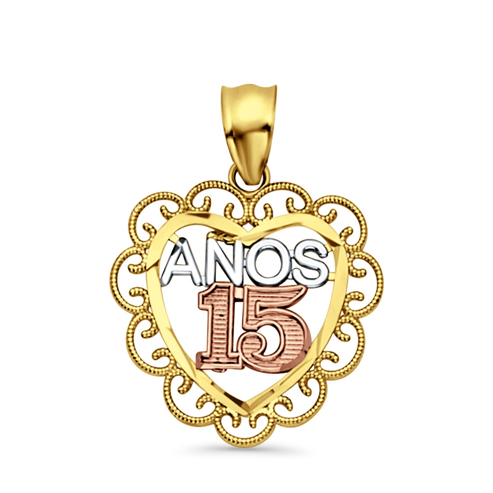 14K Tri Color Gold Anos 15 Heart Pendant 24mmX18mm With 16 Inch To 24 Inch 1.1MM Width Wheat Chain Necklace
