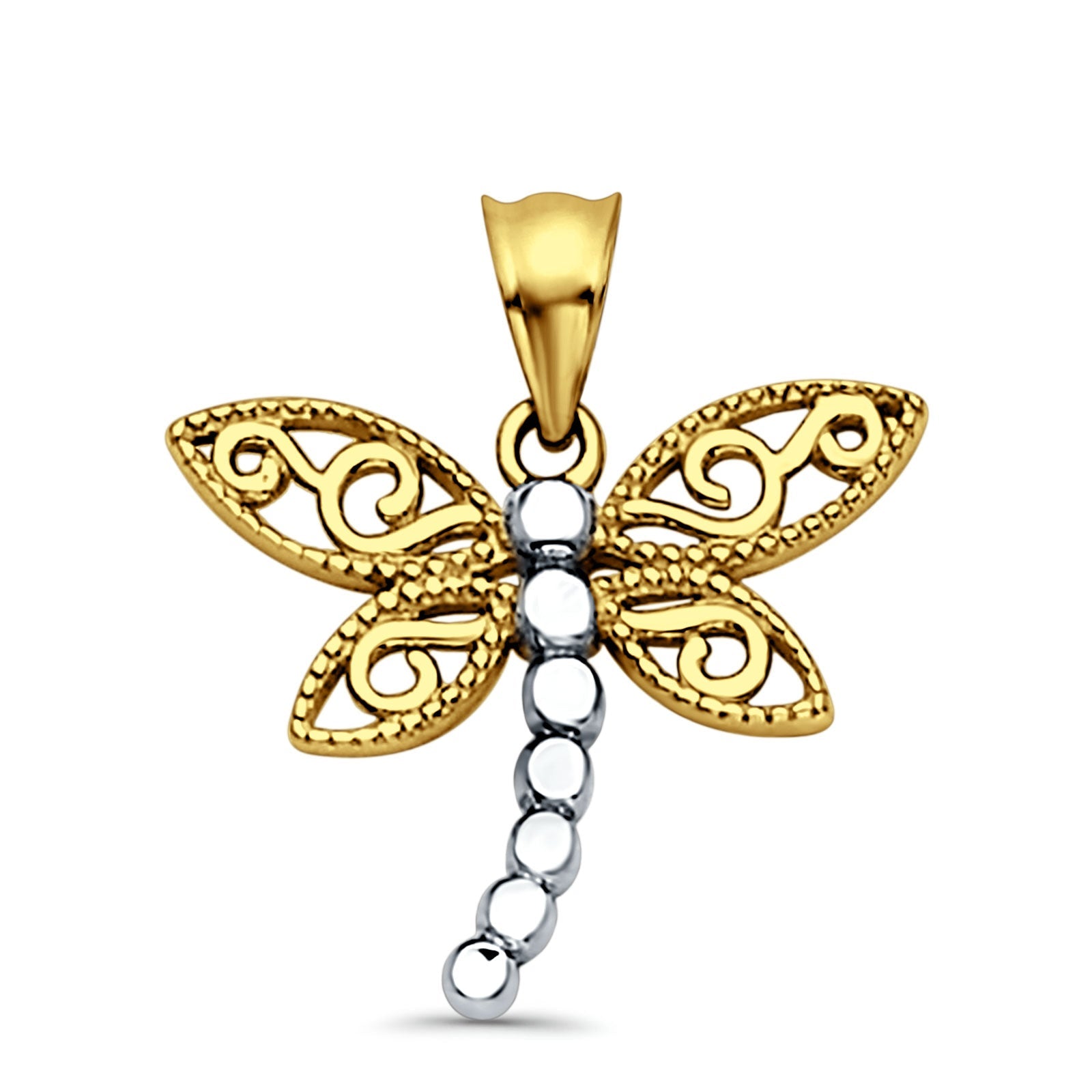 14K Two Color Gold Dragon Fly Pendant 22mmX18mm With 16 Inch To 24 Inch 0.8MM Width Box Chain Necklace