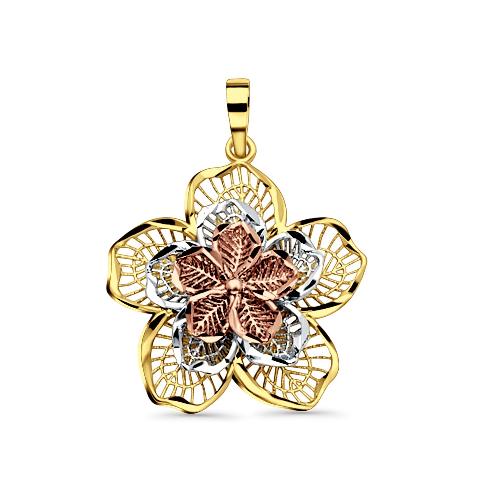 14K Tri Color Gold Filigree Flower Pendant 26mmX23mm With 16 Inch To 18 Inch 1.1MM Width Wheat Chain Necklace