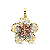 14K Tri Color Gold Filigree Flower Pendant 26mmX23mm With 16 Inch To 22 Inch 1.2MM Width Side DC Rolo Cable Chain Necklace