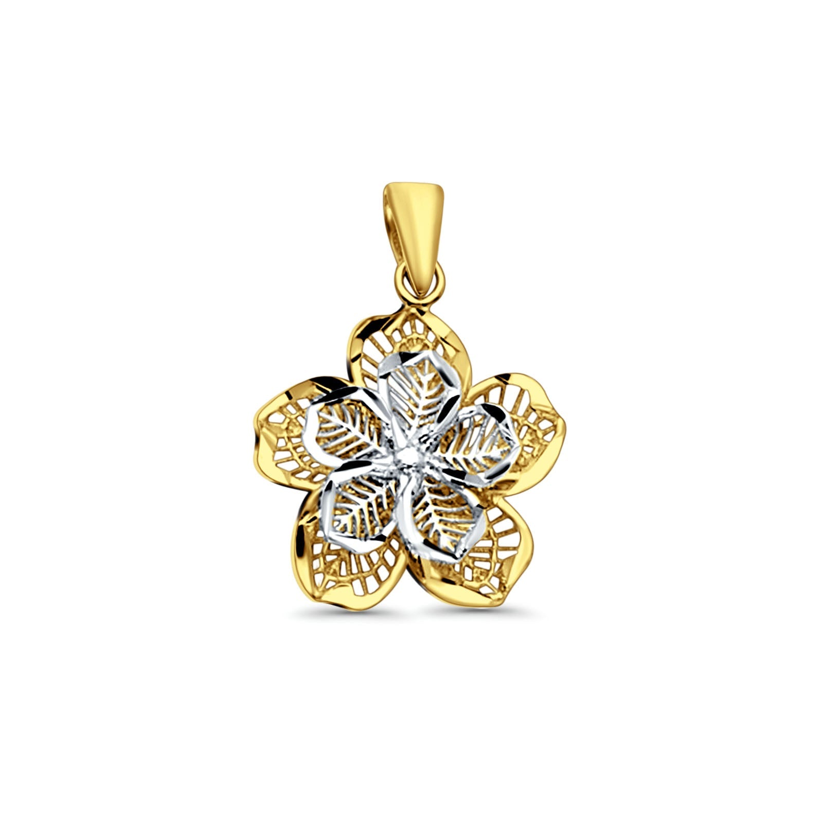 14K Two Color Gold Filigree Flower Pendant 20mmX16mm With 16 Inch To 24 Inch 1.0MM Width DC Round Wheat Chain Necklace