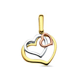 14K Tri Color Gold 3 Hearts Pendant 26mmX19mm With 16 Inch To 22 Inch 0.9MM Width Angle Cut Oval Rolo Chain Necklace