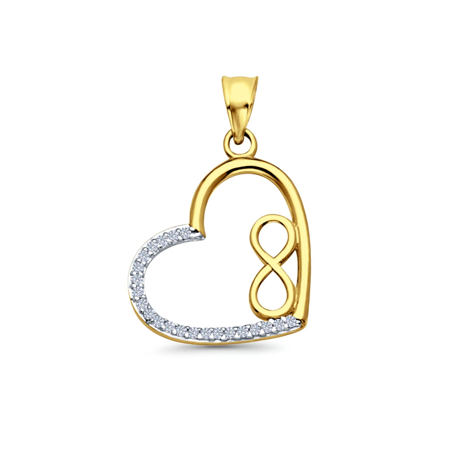 14K Yellow Gold CZ Heart Infinity Pendant 25mmX16mm With 16 Inch To 24 Inch 1.0MM Width D.C. Round Wheat Chain Necklace