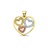 14K Tri Color Gold 3 Hearts Pendant 21mmX19mm With 16 Inch To 22 Inch 1.2MM Width Side DC Rolo Cable Chain Necklace