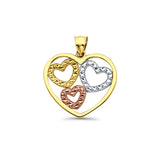 14K Tri Color Gold 3 Hearts Pendant 21mmX19mm With 16 Inch To 22 Inch 0.9MM Width Angle Cut Oval Rolo Chain Necklace