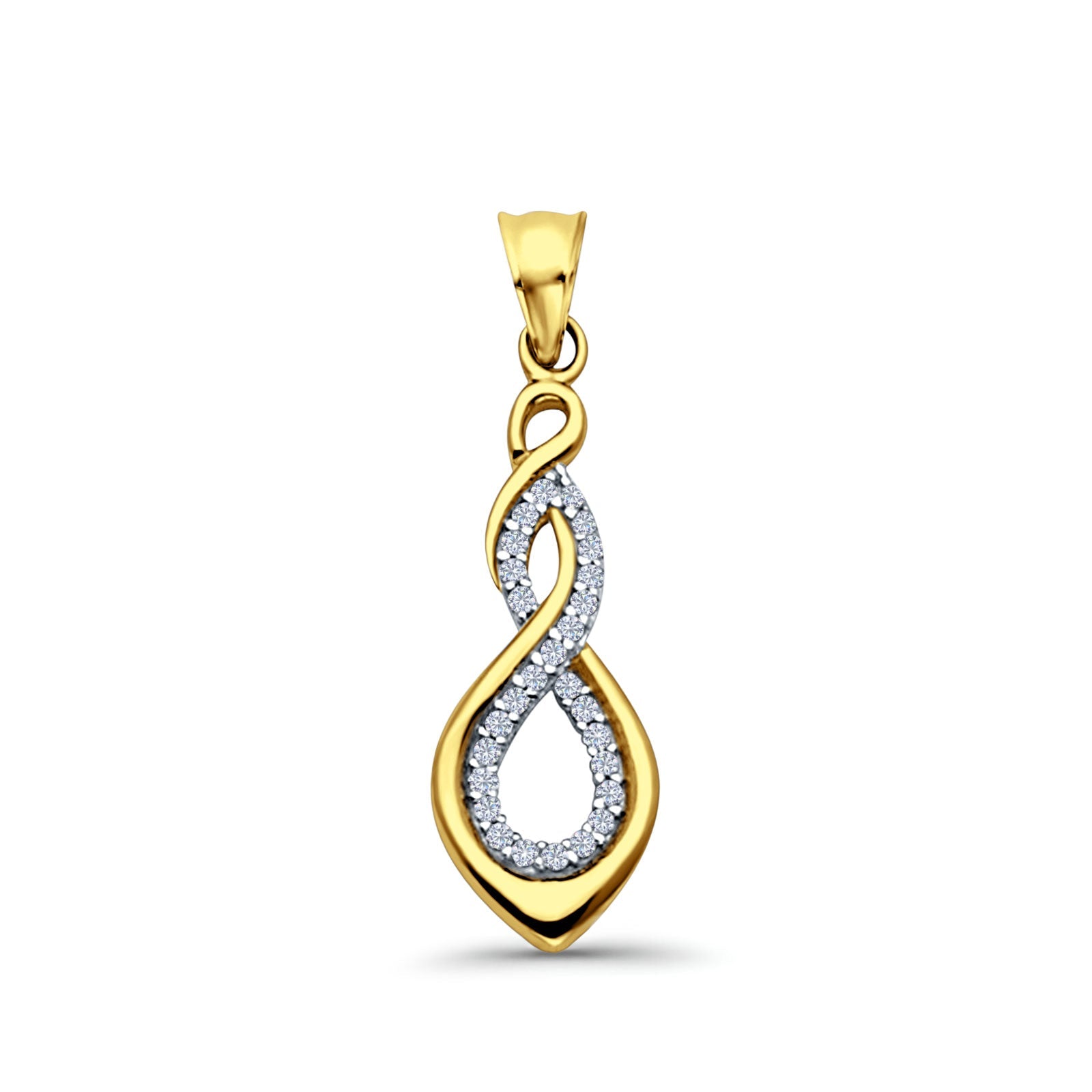 14K Yellow Gold CZ Infinity Pendant 28mmX9mm With 16 Inch To 22 Inch 1.2MM Width Angle Cut Oval Rolo Chain Necklace