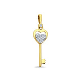 14K Yellow Gold CZ Key Pendant 27mmX7mm With 16 Inch To 24 Inch 0.9MM Width Wheat Chain Necklace