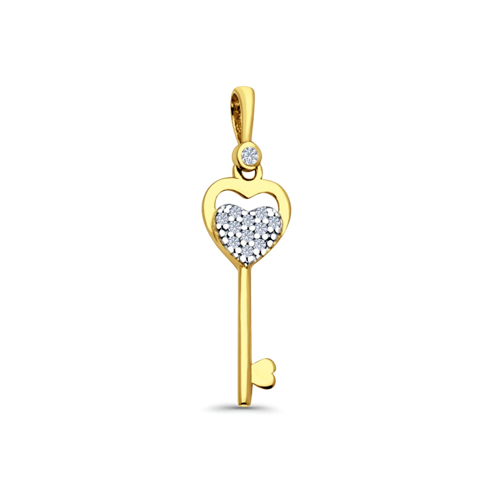 14K Yellow Gold CZ Key Pendant 27mmX7mm With 16 Inch To 22 Inch 1.2MM Width Side DC Rolo Cable Chain Necklace