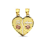 14K Tri Color Gold Te-Amo Pendant 25mmX20mm With 16 Inch To 24 Inch 0.8MM Width Square Wheat Chain Necklace