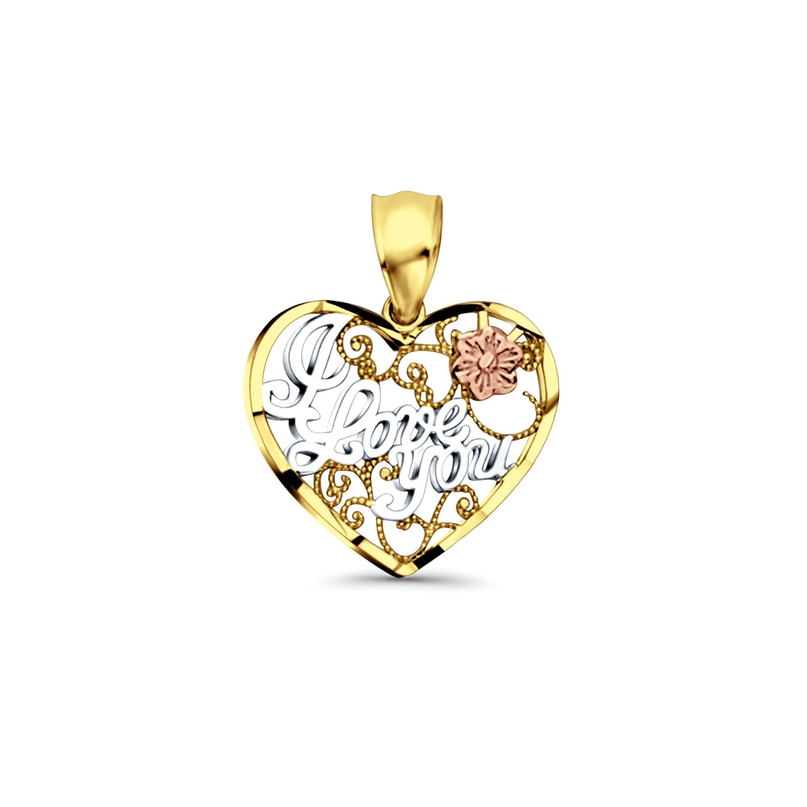 14K Tri Color Gold I Love You Pendant 20mmX15mm With 16 Inch To 24 Inch 1.1MM Width Wheat Chain Necklace