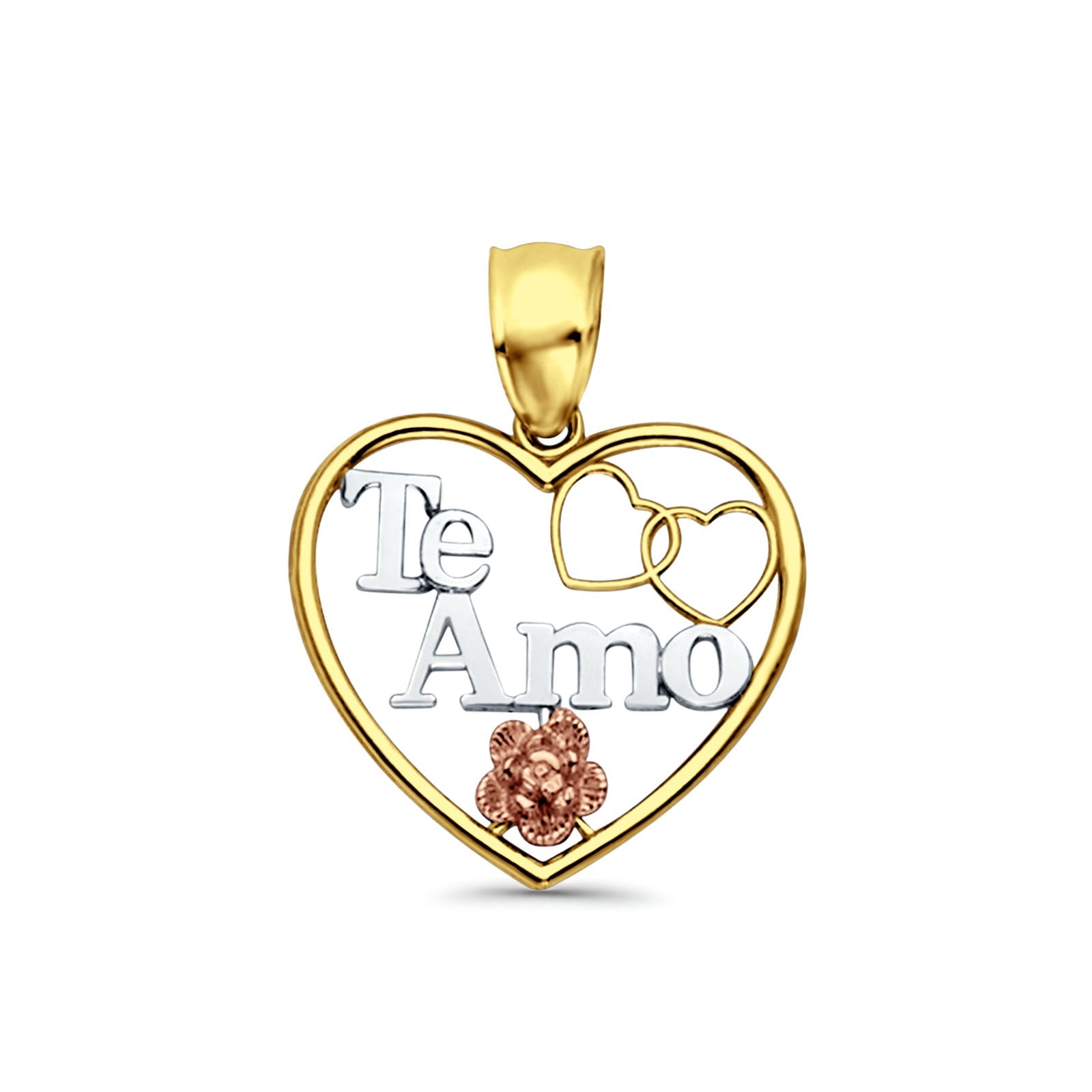 14K Tri Color Gold Te-Amo Heart Pendant 25mmX20mm With 16 Inch To 22 Inch 0.5MM Width Box Chain Necklace