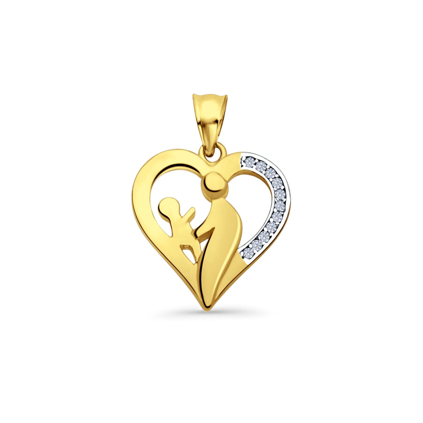 14K Yellow Gold Mom & Child CZ Pendant 21mmX16mm With 16 Inch To 24 Inch 0.8MM Width D.C. Round Wheat Chain Necklace