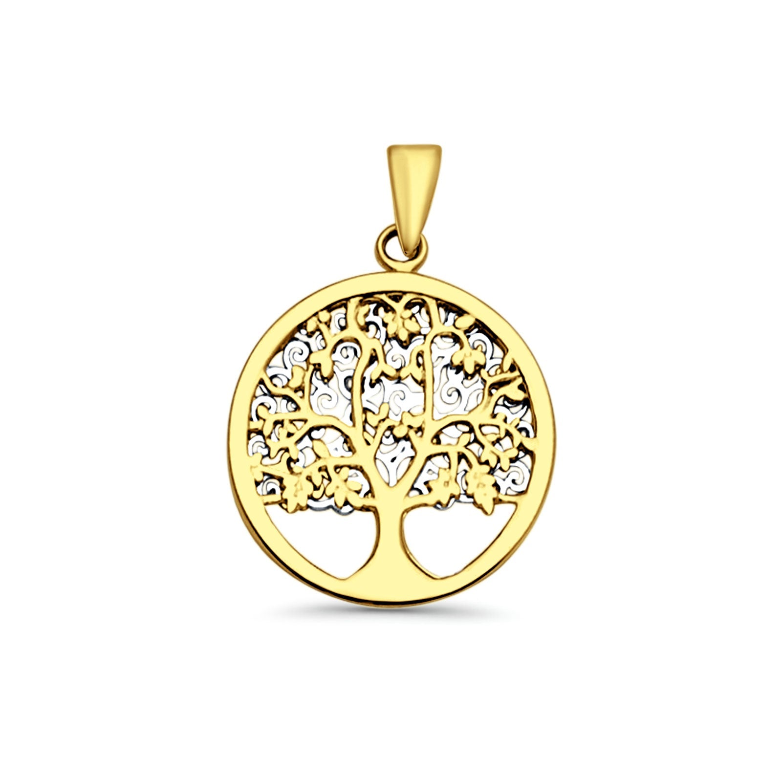 14K Two Color Gold Family Tree Pendant 25mmX17mm With 16 Inch To 20 Inch 1.0MM Width D.C. Round Wheat Chain Necklace