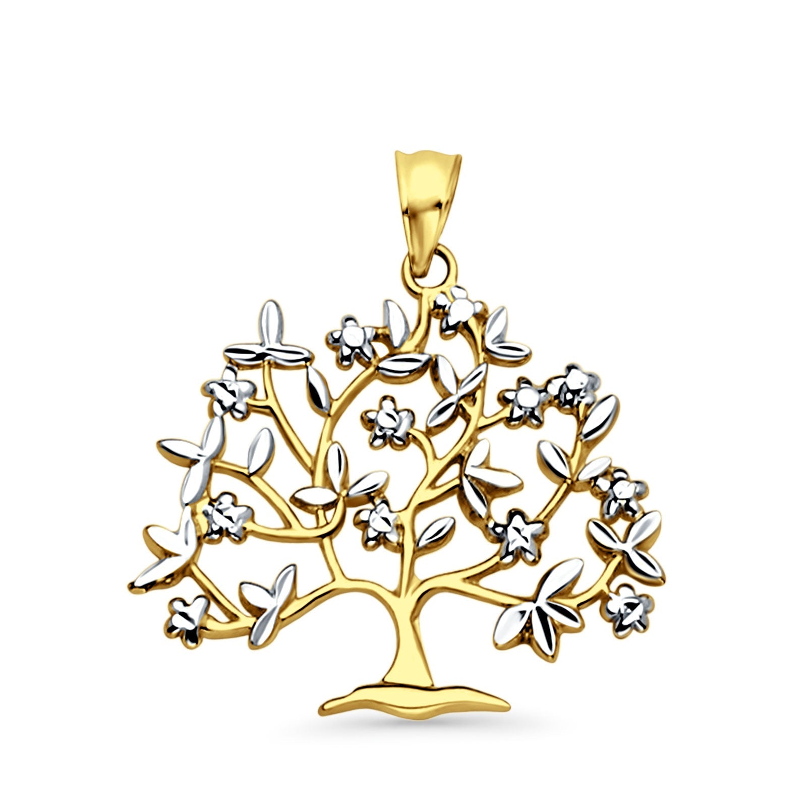 14K Two Color Gold Family Tree Pendant 29mmX26mm With 16 Inch To 22 Inch 1.2MM Width Side DC Rolo Cable Chain Necklace