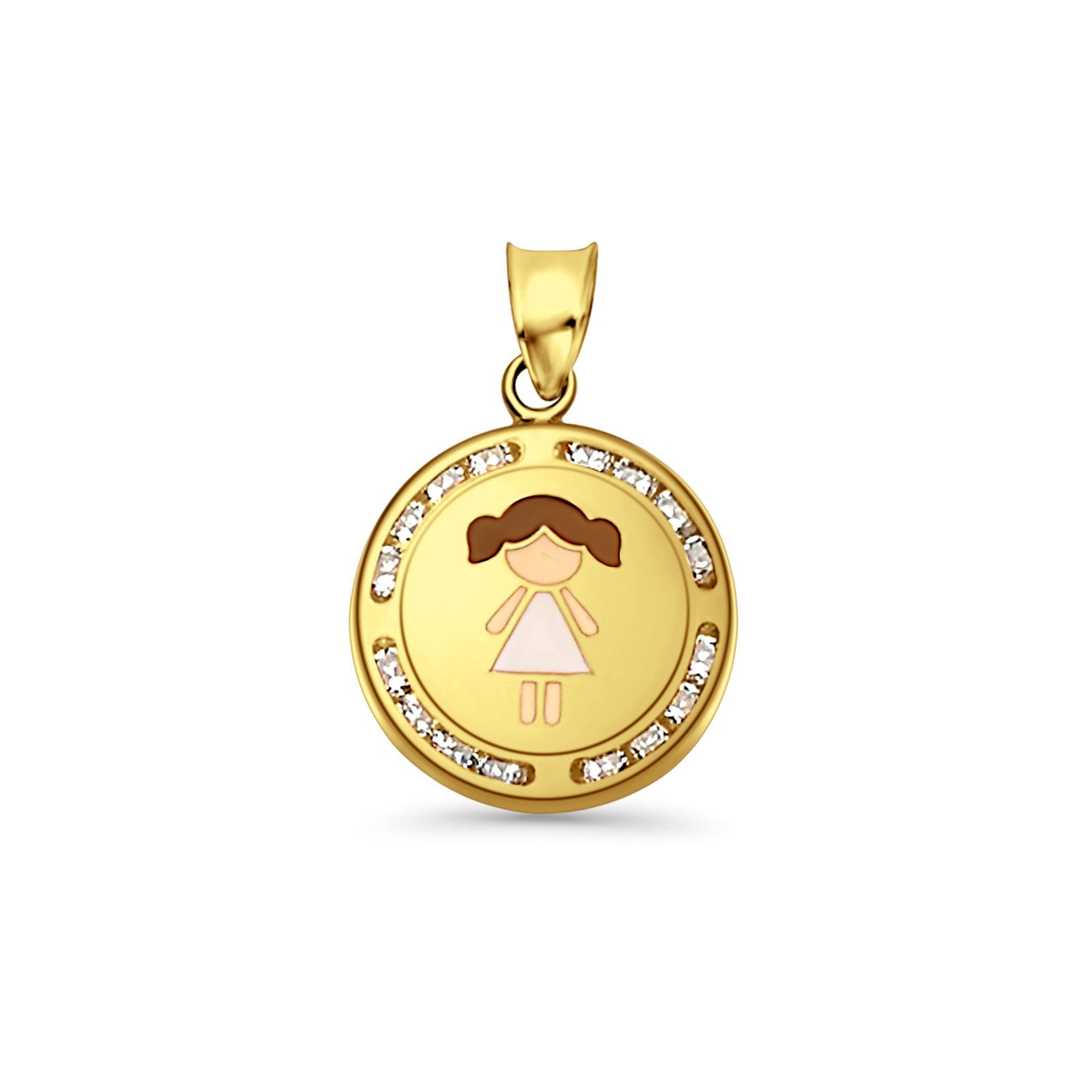 14K Yellow Gold CZ Enamel Girl Pendant 21mmX15mm With 16 Inch To 24 Inch 0.9MM Width Wheat Chain Necklace