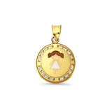14K Yellow Gold CZ Enamel Girl Pendant 21mmX15mm With 16 Inch To 24 Inch 1.0MM Width D.C. Round Wheat Chain Necklace