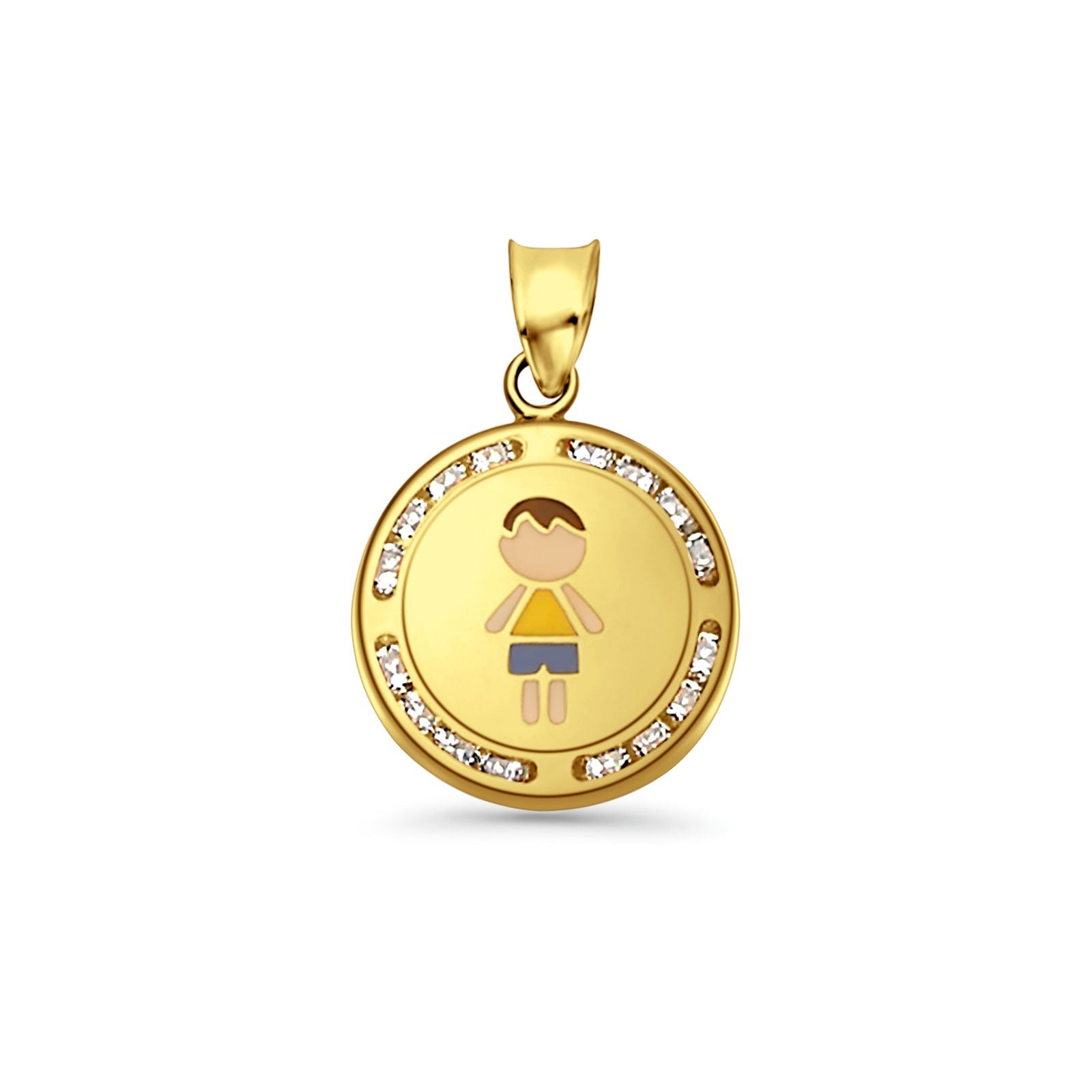 14K Yellow Gold CZ Enamel Boy Pendant 21mmX15mm With 16 Inch To 24 Inch 1.1MM Width Wheat Chain Necklace