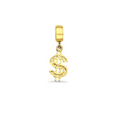 14K Yellow Gold $ Sign Charm for Mix&Match Pendant 21mmX6mm With 16 Inch To 24 Inch 0.8MM Width D.C. Round Wheat Chain Necklace